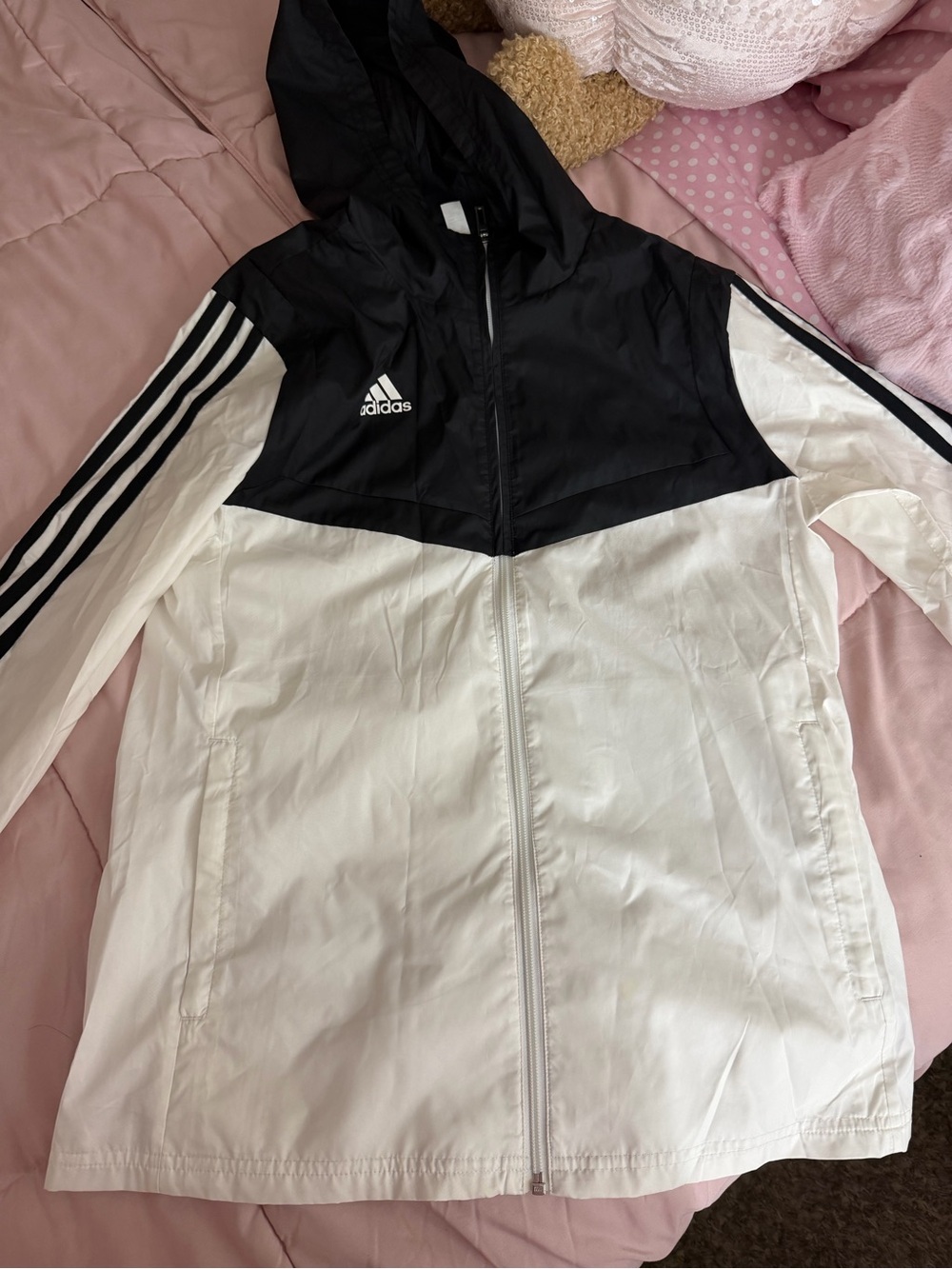 adidas Black and White Hooded Windbreaker Jacket
